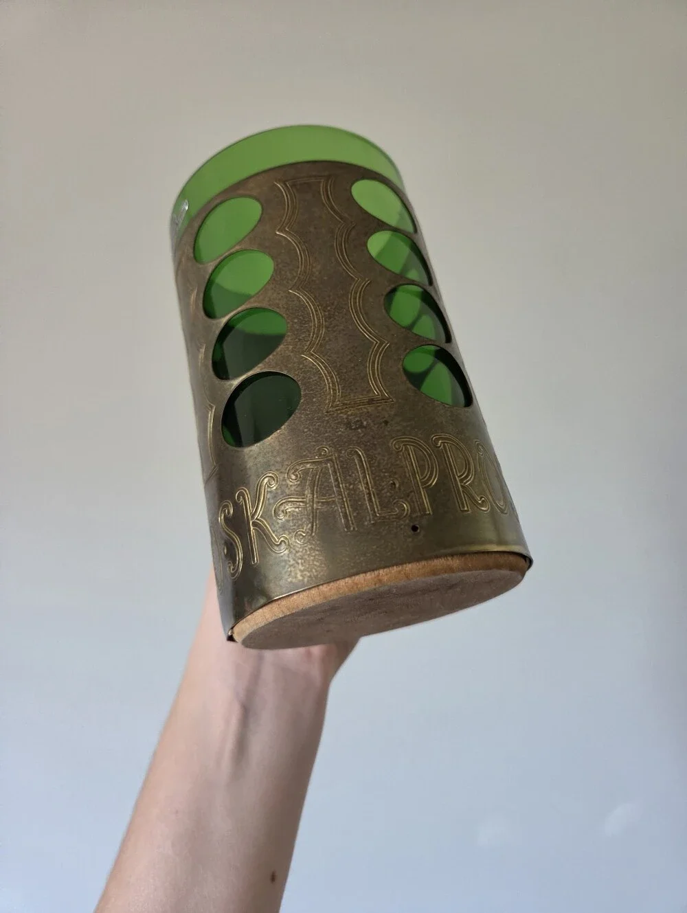 Vintage Swedish Green Glass Beer Mug Åke Elmer Hand Blown Metal Sleeve Mid-Centu